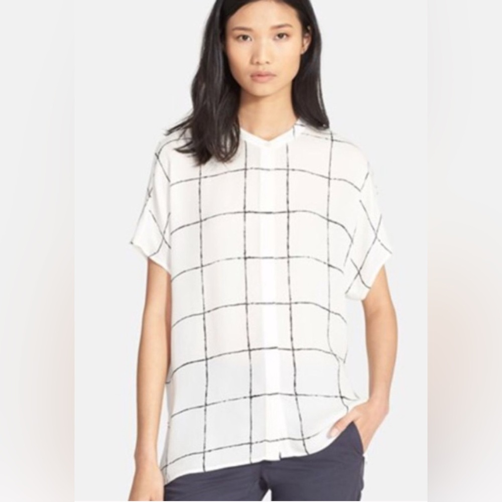 VINCE windowpane oversized silk cap sleeve blouse, cream with black, size xs